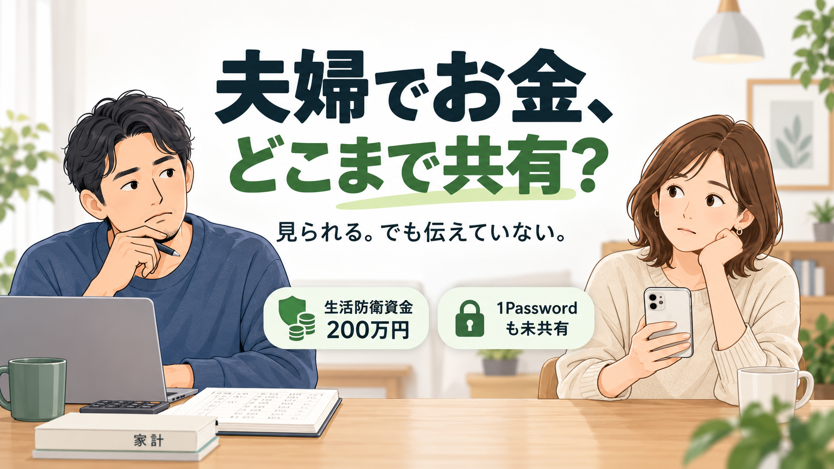 夫婦のお金をどこまで共有できているか、生活防衛資金200万円や1Password未共有の状況を表したサムネイル