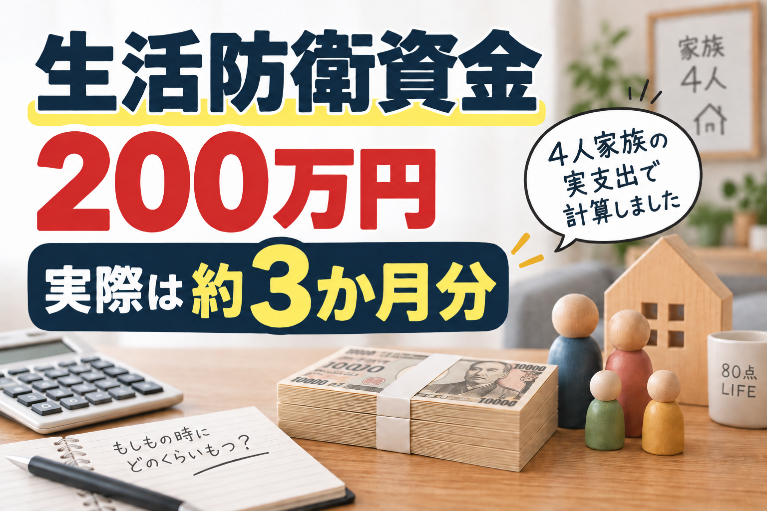 生活防衛資金200万円が4人家族の実支出では約3か月分だったことを表したサムネイル